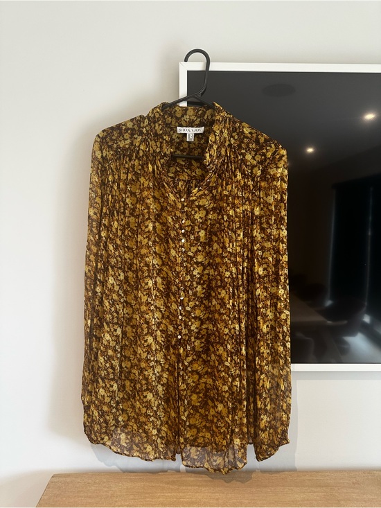 Shona Joy Tops - Shona Joy Mustard and Brown Floral Pleated Blouse